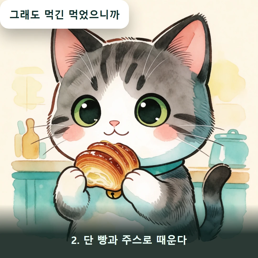 웹툰 2컷 — 2. 단 빵과 주스로 때운다 (그래도 먹긴 먹었으니까)