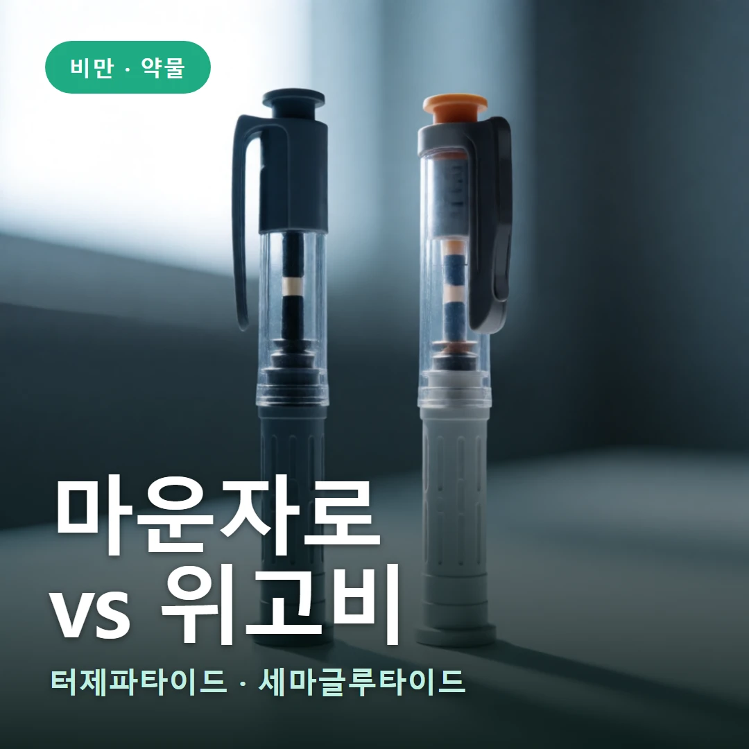 마운자로 vs 위고비 요약 표지 — 터제파타이드 · 세마글루타이드