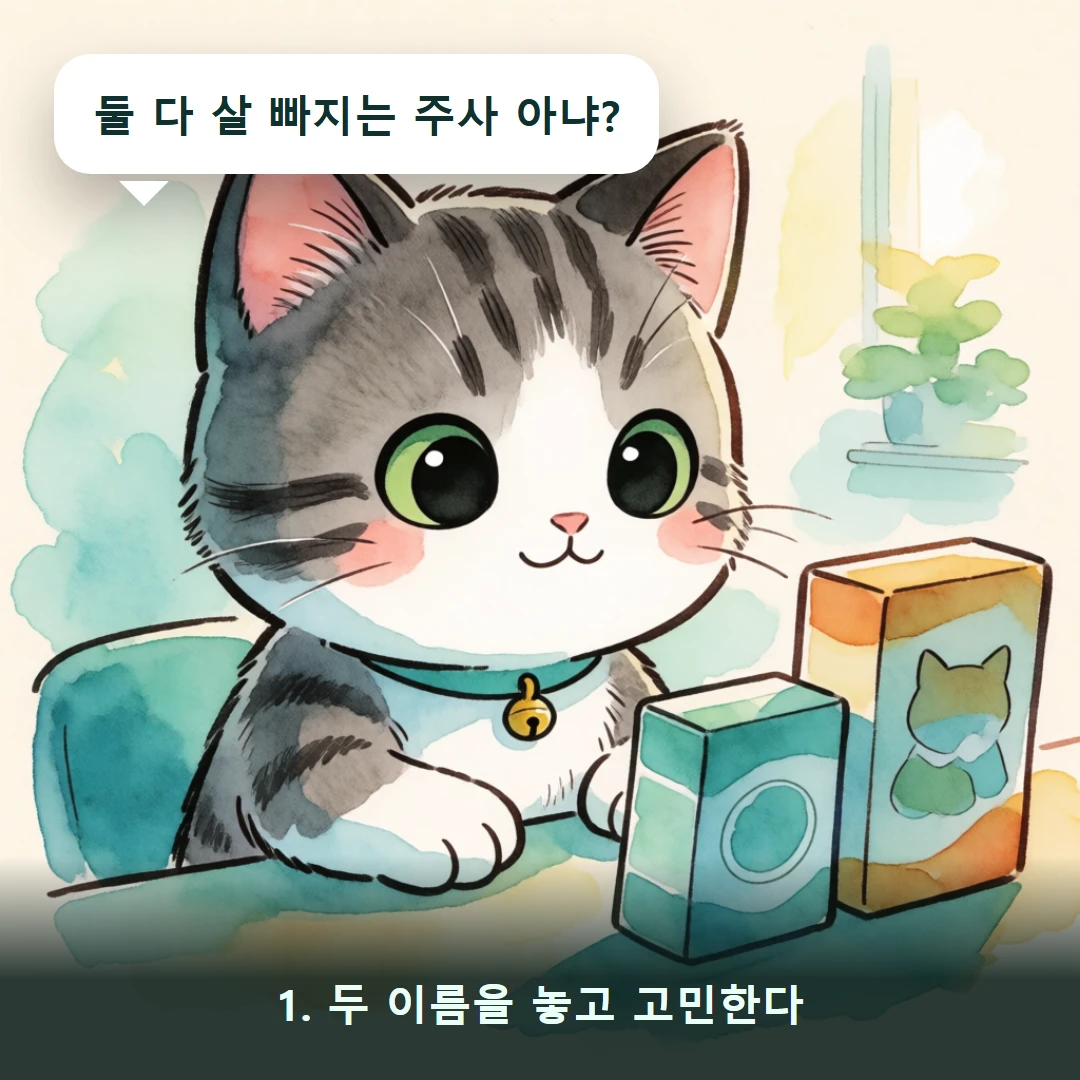 웹툰 1컷 — 1. 두 이름을 놓고 고민한다 (둘 다 살 빠지는 주사 아냐?)