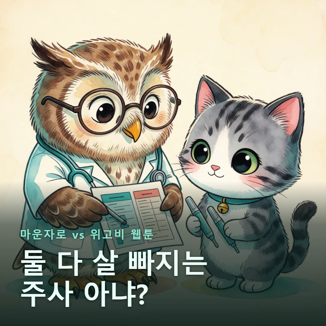 마운자로 vs 위고비 웹툰 표지 — 둘 다 살 빠지는 주사 아냐?