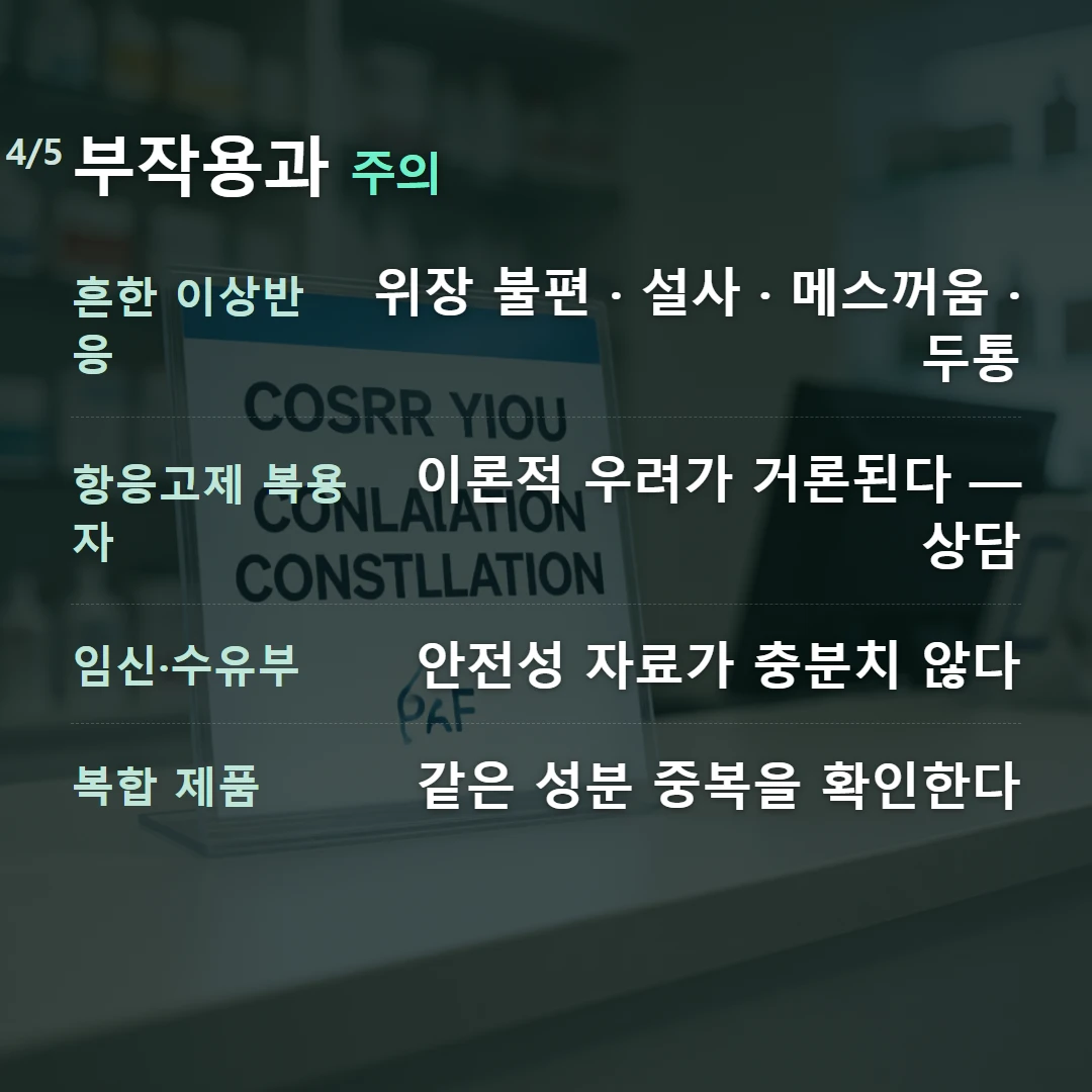 부작용과 주의 — 흔한 이상반응 위장 불편 · 설사 · 메스꺼움 · 두통, 항응고제 복용자 이론적 우려가 거론된다 — 상담, 임신·수유부 안전성 자료가 충분치 않다, 복합 제품 같은 성분 중복을 확인한다
