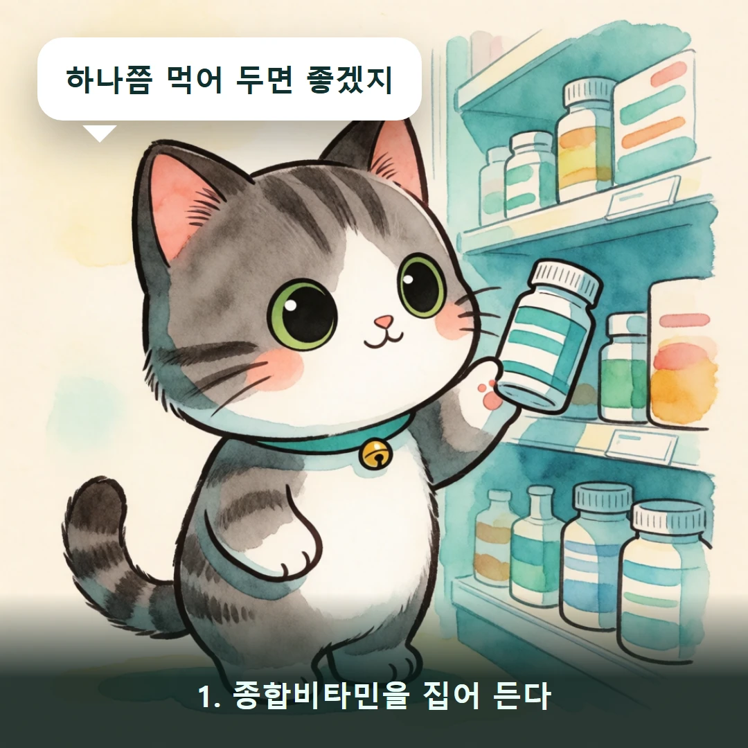 웹툰 1컷 — 1. 종합비타민을 집어 든다 (하나쯤 먹어 두면 좋겠지)
