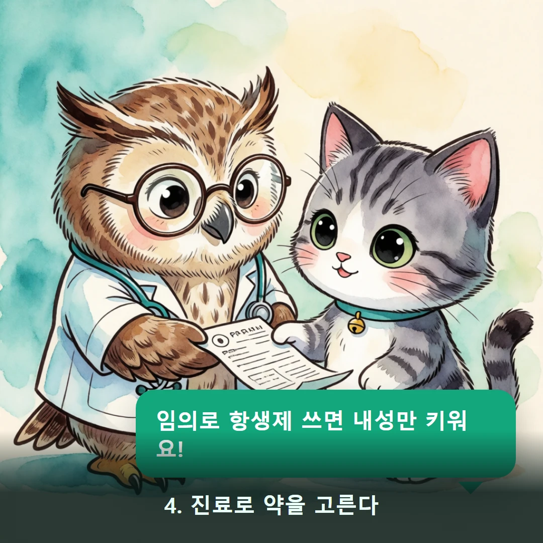 웹툰 4컷 — 4. 진료로 약을 고른다 (임의로 항생제 쓰면 내성만 키워요!)