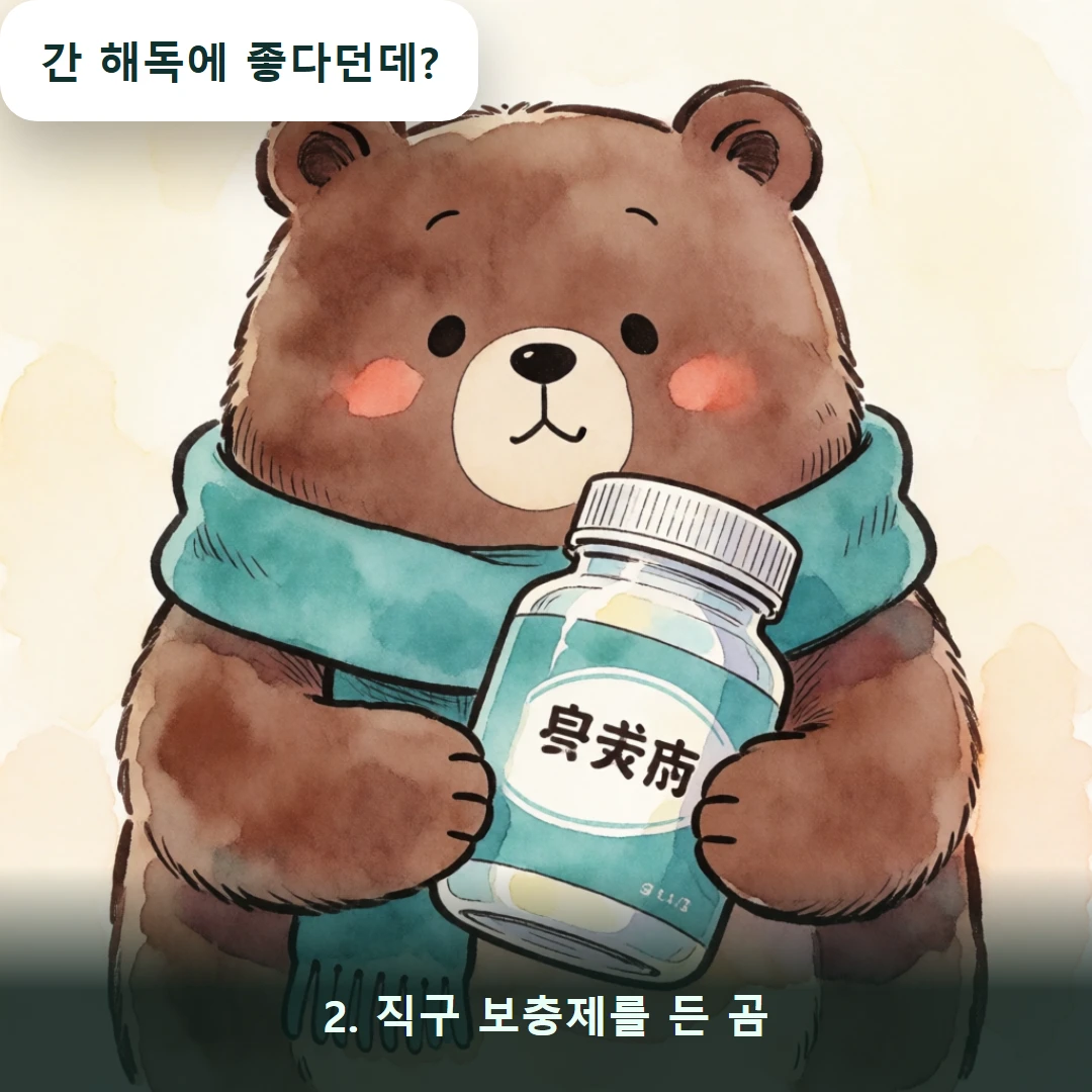 웹툰 2컷 — 2. 직구 보충제를 든 곰 (간 해독에 좋다던데?)