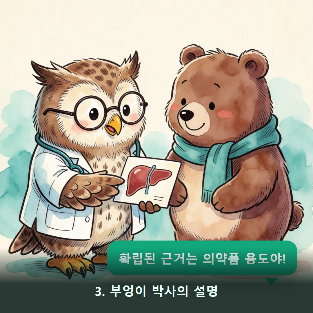 웹툰 3컷 — 3. 부엉이 박사의 설명 (확립된 근거는 의약품 용도야!)
