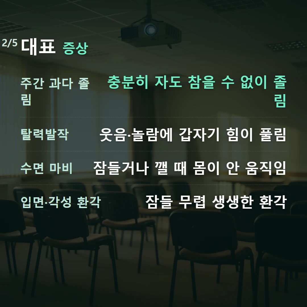 대표 증상 — 주간 과다 졸림 충분히 자도 참을 수 없이 졸림, 탈력발작 웃음·놀람에 갑자기 힘이 풀림, 수면 마비 잠들거나 깰 때 몸이 안 움직임, 입면·각성 환각 잠들 무렵 생생한 환각