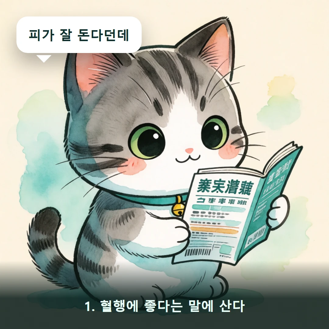 웹툰 1컷 — 1. 혈행에 좋다는 말에 산다 (피가 잘 돈다던데)