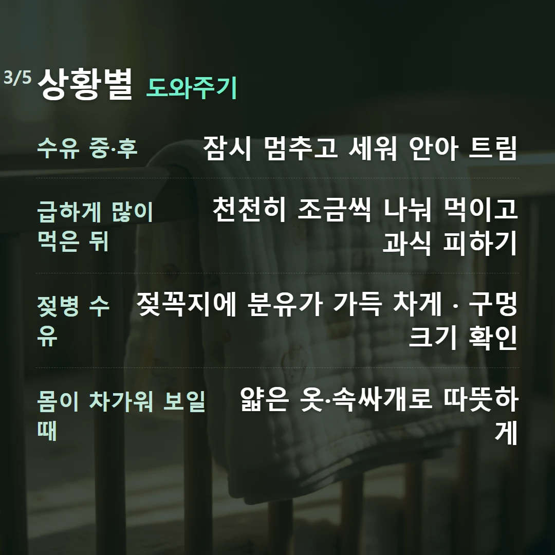 상황별 도와주기 — 수유 중·후 잠시 멈추고 세워 안아 트림, 급하게 많이 먹은 뒤 천천히 조금씩 나눠 먹이고 과식 피하기, 젖병 수유 젖꼭지에 분유가 가득 차게 · 구멍 크기 확인, 몸이 차가워 보일 때 얇은 옷·속싸개로 따뜻하게