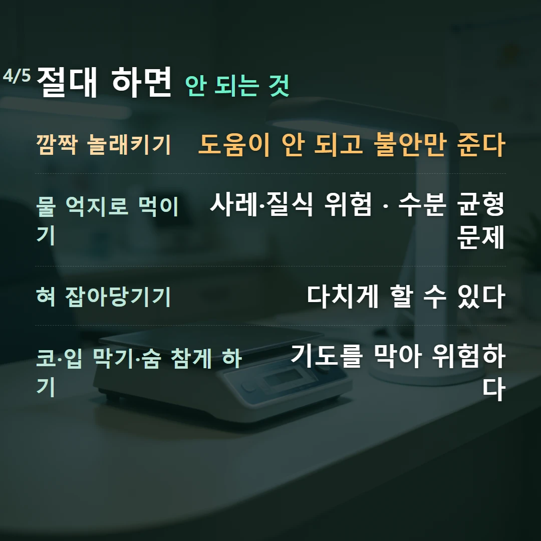 절대 하면 안 되는 것 — 깜짝 놀래키기 도움이 안 되고 불안만 준다, 물 억지로 먹이기 사레·질식 위험 · 수분 균형 문제, 혀 잡아당기기 다치게 할 수 있다, 코·입 막기·숨 참게 하기 기도를 막아 위험하다