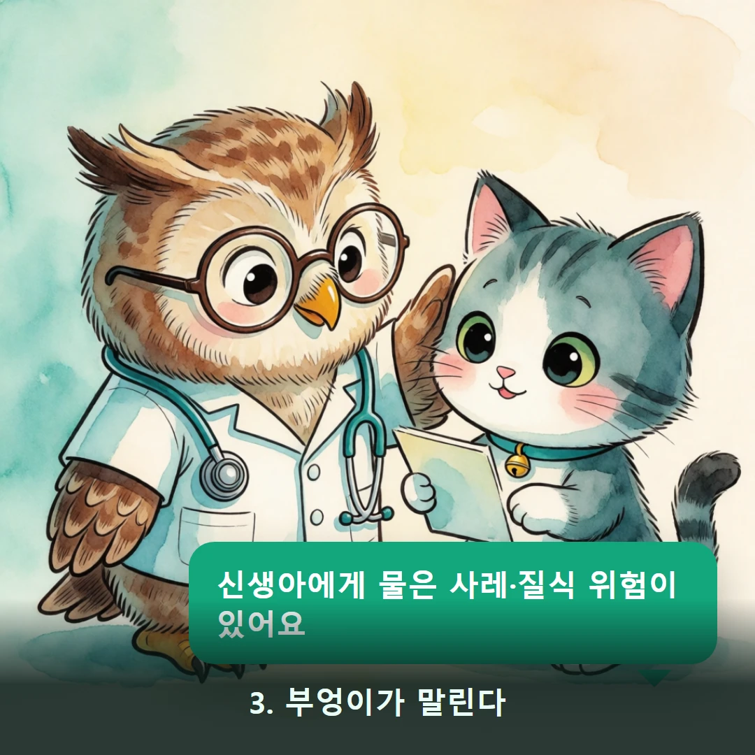 웹툰 3컷 — 3. 부엉이가 말린다 (신생아에게 물은 사레·질식 위험이 있어요)