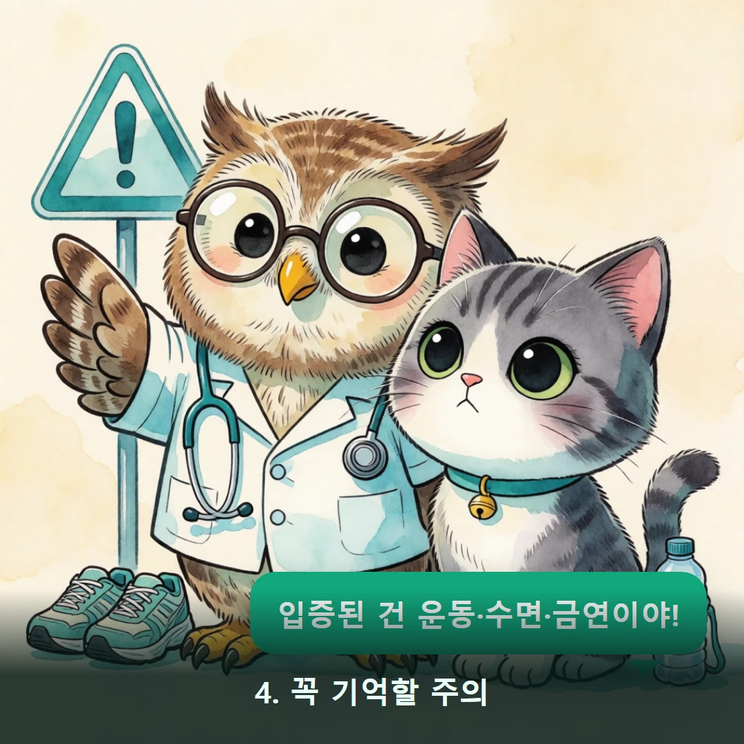 웹툰 4컷 — 4. 꼭 기억할 주의 (입증된 건 운동·수면·금연이야!)