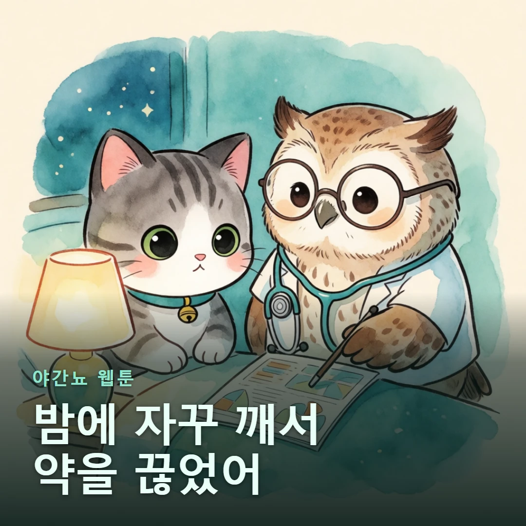 야간뇨 웹툰 표지 — 밤에 자꾸 깨서 약을 끊었어