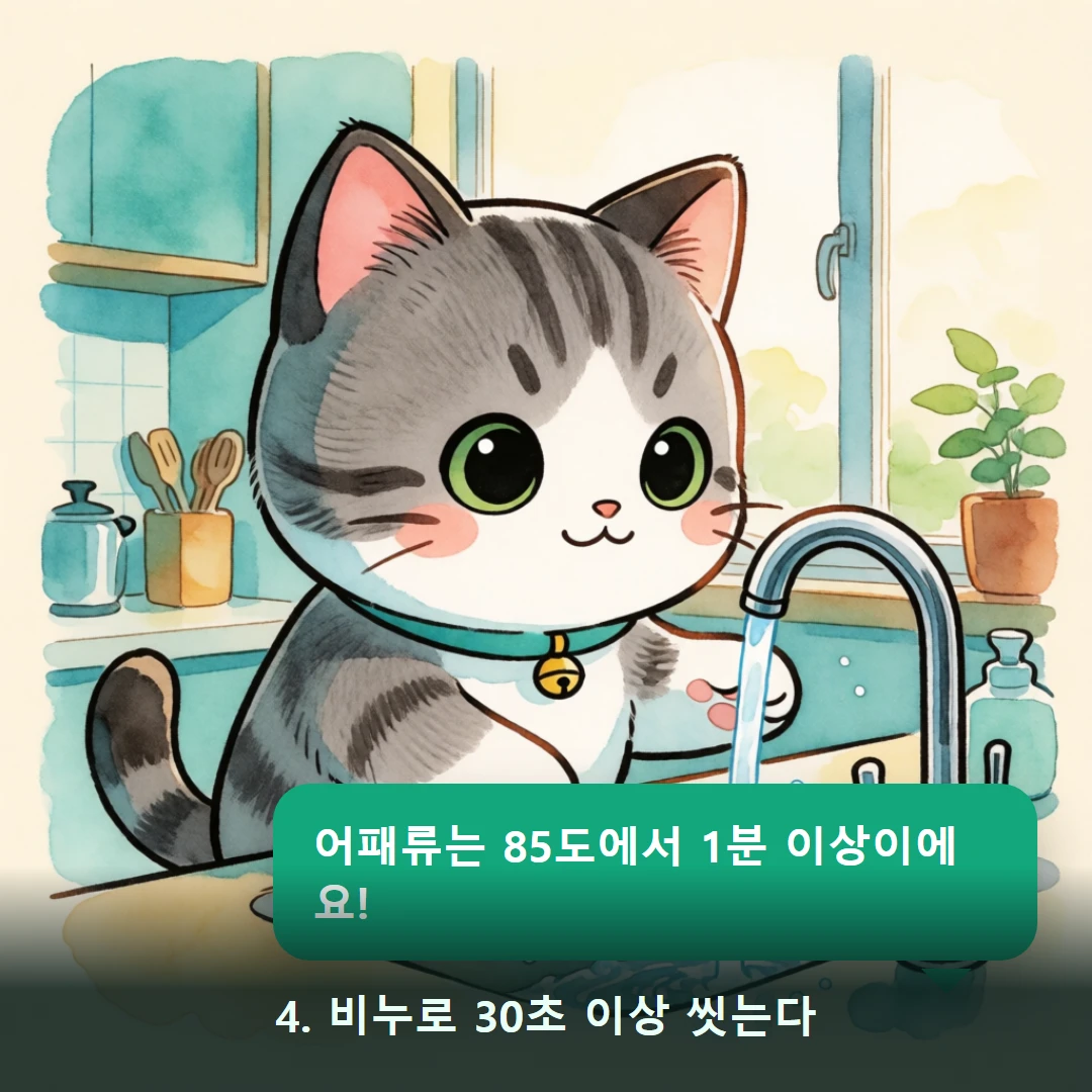 웹툰 4컷 — 4. 비누로 30초 이상 씻는다 (어패류는 85도에서 1분 이상이에요!)