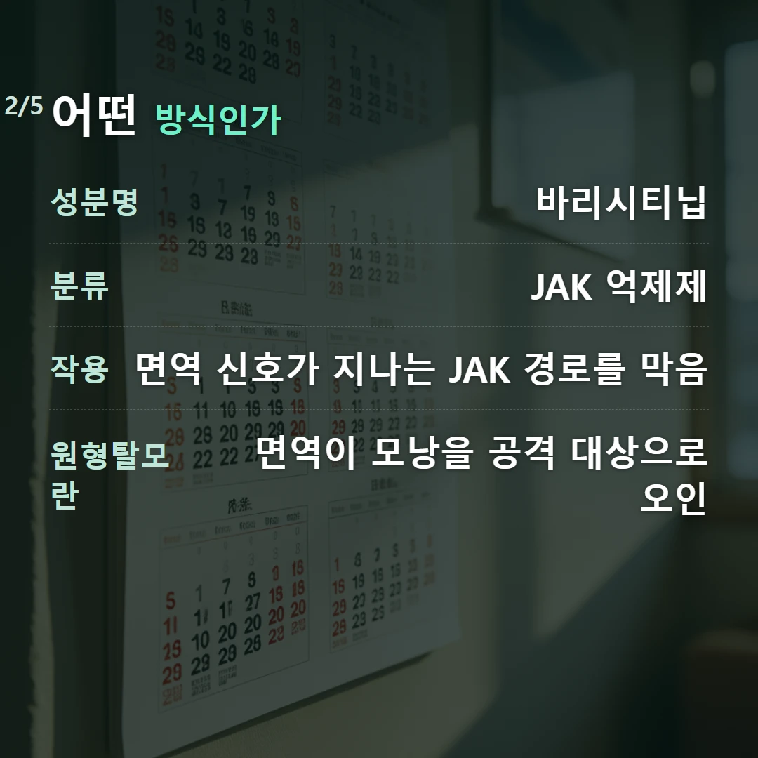 어떤 방식인가 — 성분명 바리시티닙, 분류 JAK 억제제, 작용 면역 신호가 지나는 JAK 경로를 막음, 원형탈모란 면역이 모낭을 공격 대상으로 오인