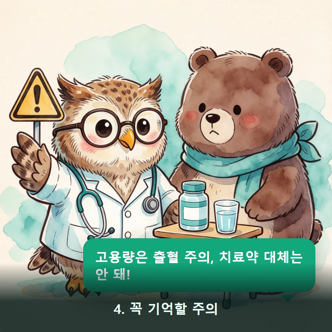 웹툰 4컷 — 4. 꼭 기억할 주의 (고용량은 출혈 주의, 치료약 대체는 안 돼!)