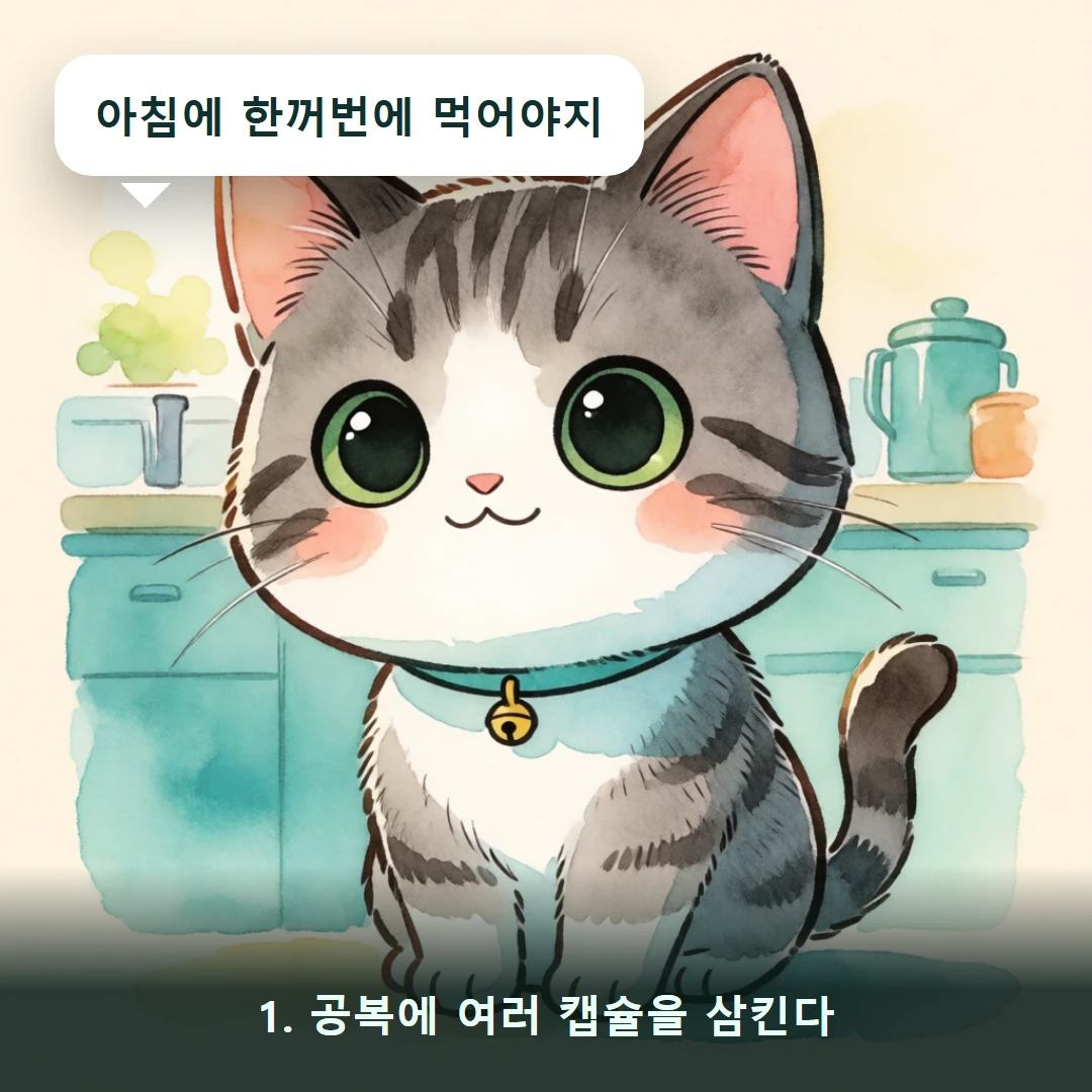 웹툰 1컷 — 1. 공복에 여러 캡슐을 삼킨다 (아침에 한꺼번에 먹어야지)