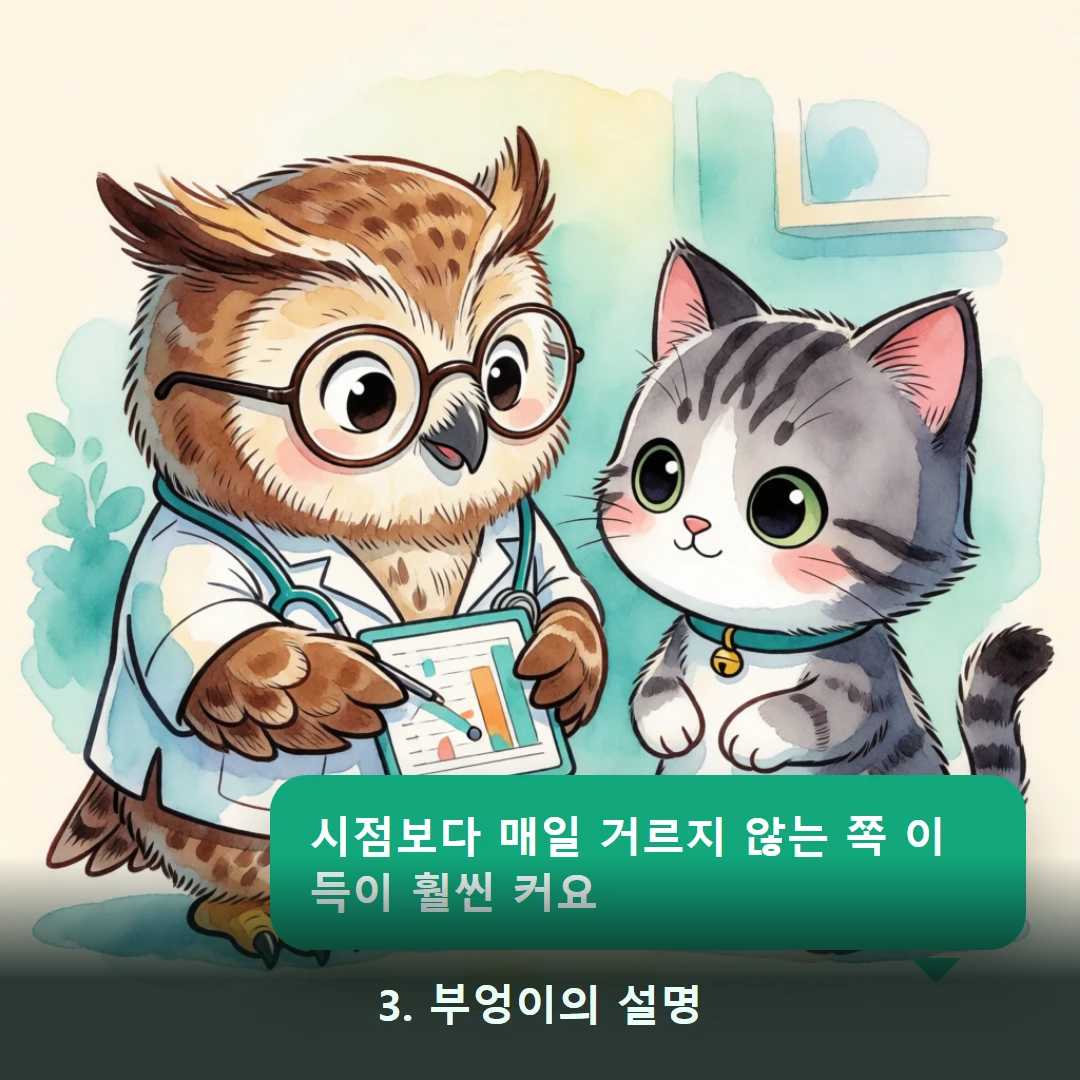 웹툰 3컷 — 3. 부엉이의 설명 (시점보다 매일 거르지 않는 쪽 이득이 훨씬 커요)