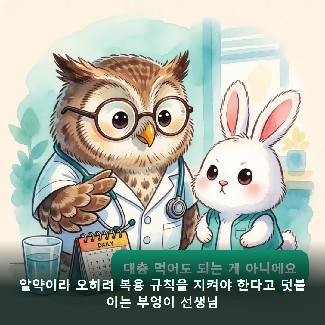 웹툰 4컷 — 알약이라 오히려 복용 규칙을 지켜야 한다고 덧붙이는 부엉이 선생님 (대충 먹어도 되는 게 아니에요)