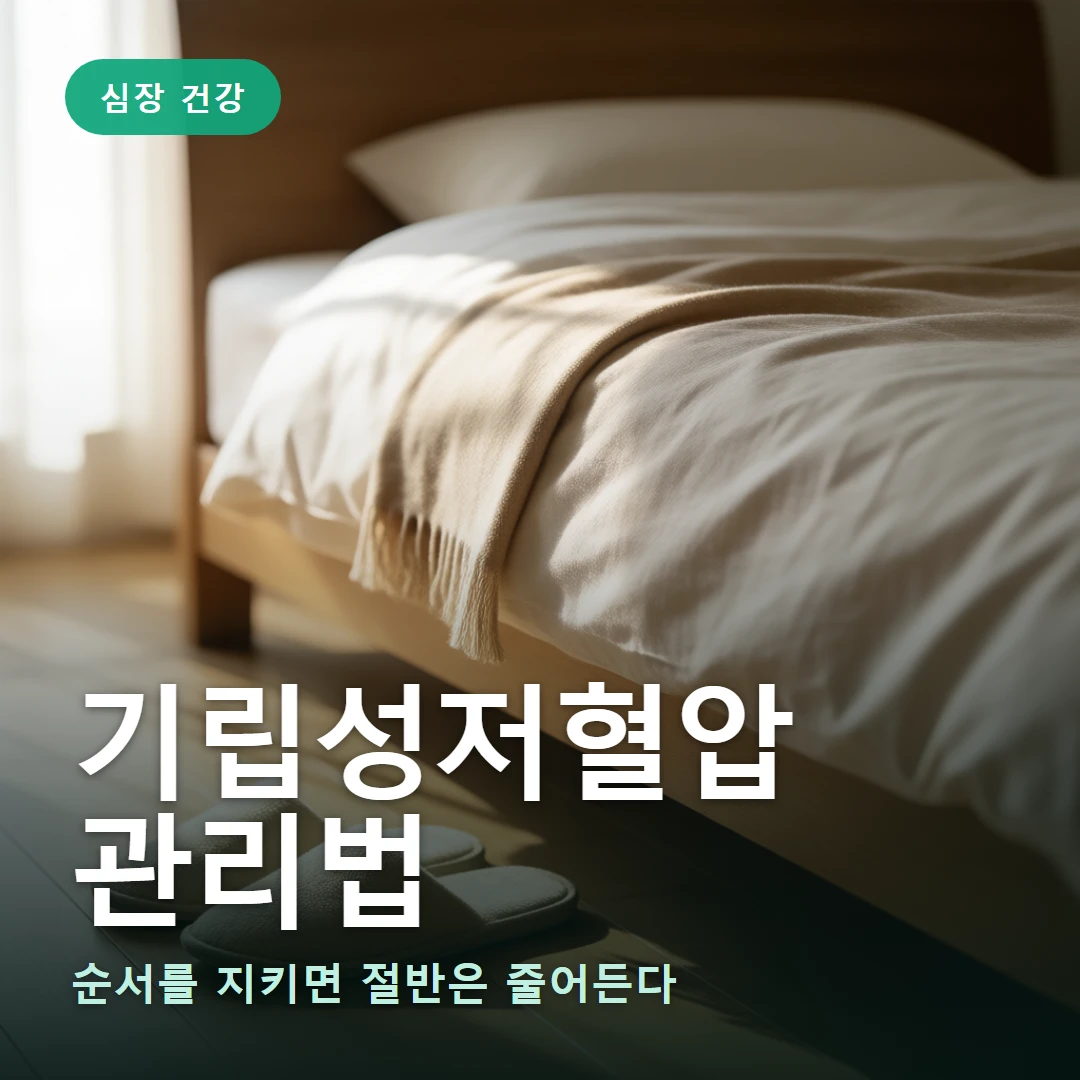 기립성저혈압 관리법 요약 표지 — 순서를 지키면 절반은 줄어든다