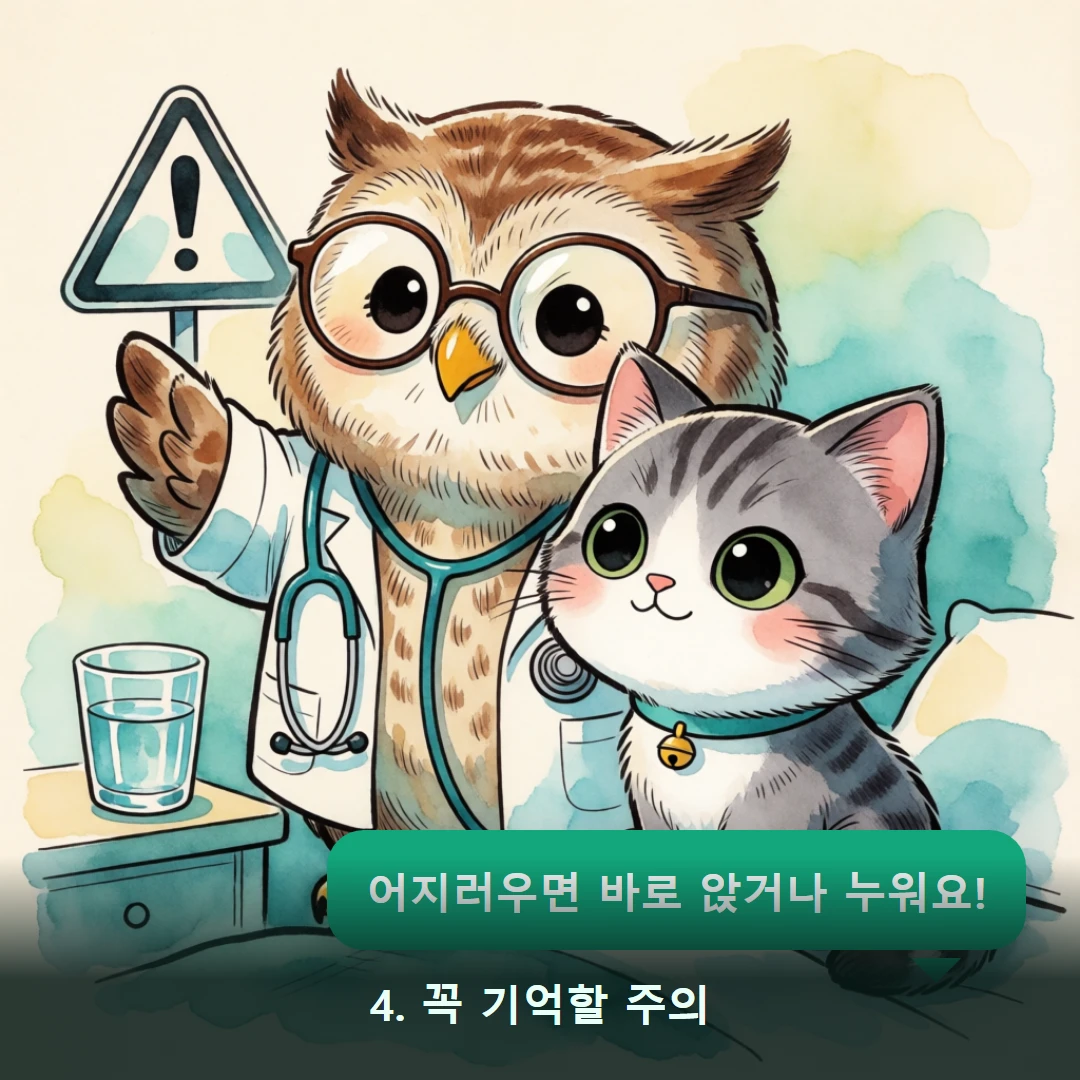 웹툰 4컷 — 4. 꼭 기억할 주의 (어지러우면 바로 앉거나 누워요!)