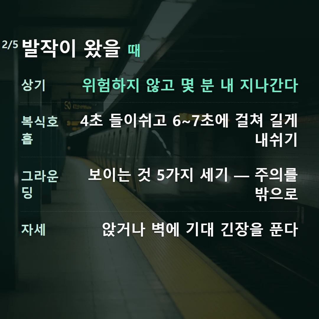 발작이 왔을 때 — 상기 위험하지 않고 몇 분 내 지나간다, 복식호흡 4초 들이쉬고 6~7초에 걸쳐 길게 내쉬기, 그라운딩 보이는 것 5가지 세기 — 주의를 밖으로, 자세 앉거나 벽에 기대 긴장을 푼다