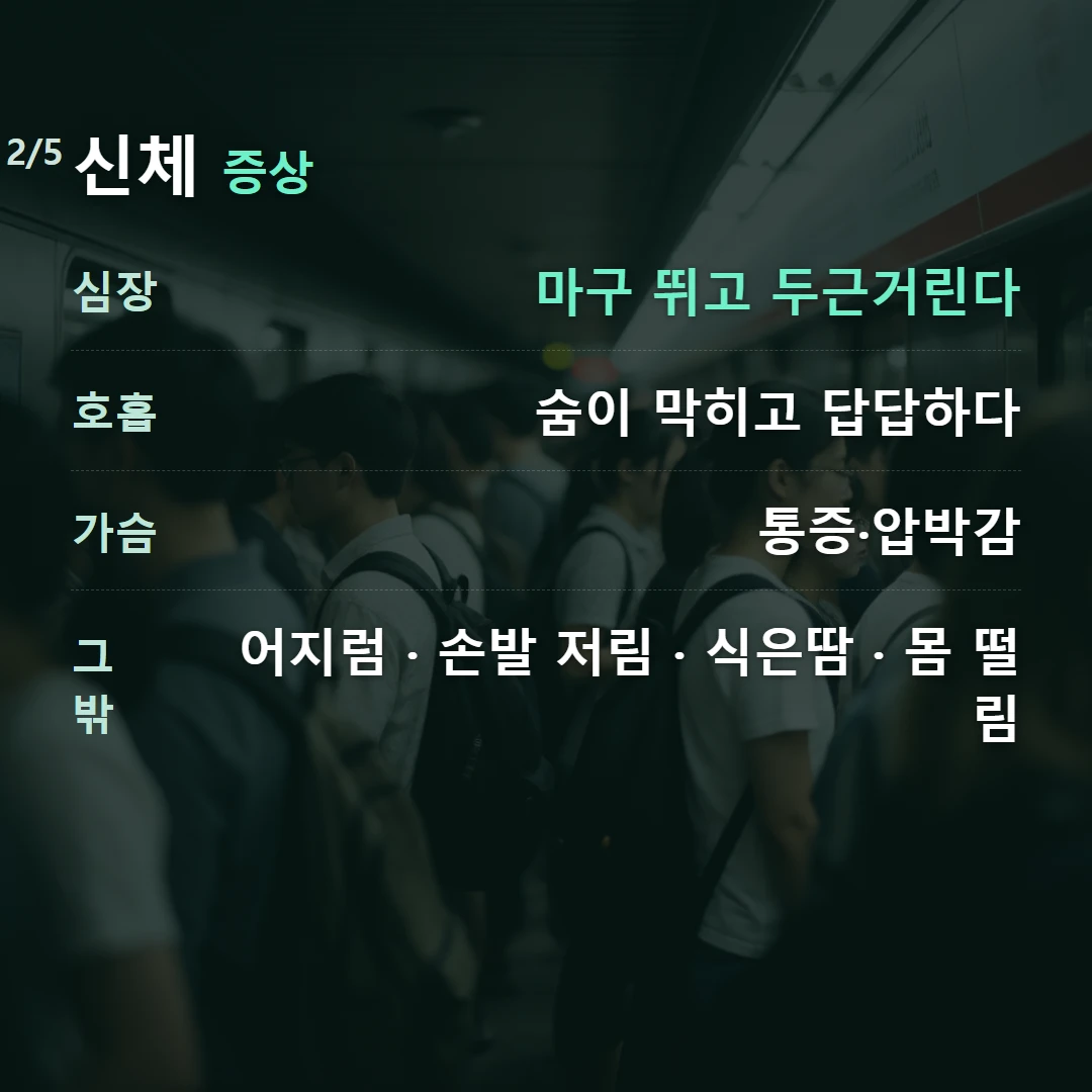 신체 증상 — 심장 마구 뛰고 두근거린다, 호흡 숨이 막히고 답답하다, 가슴 통증·압박감, 그 밖 어지럼 · 손발 저림 · 식은땀 · 몸 떨림