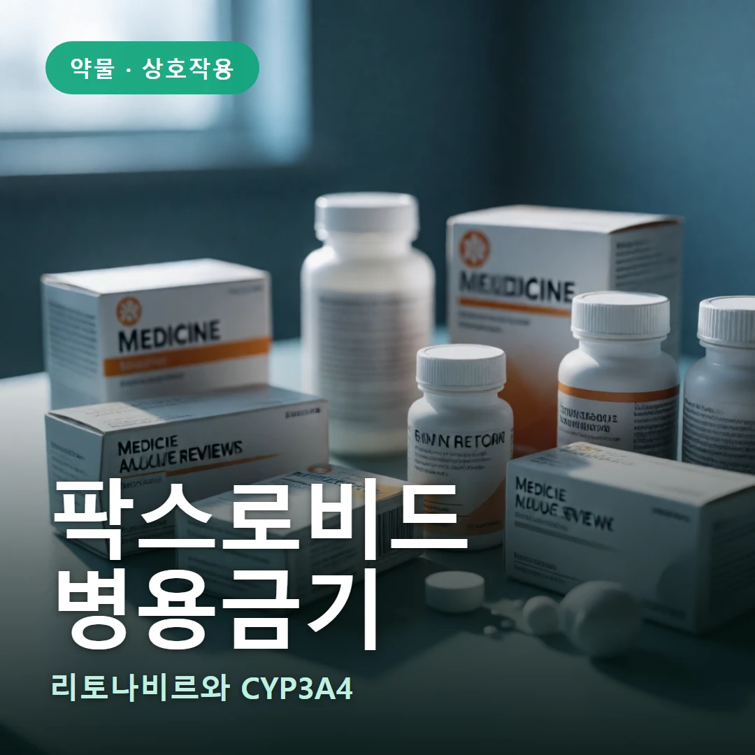 팍스로비드 병용금기 요약 표지 — 리토나비르와 CYP3A4