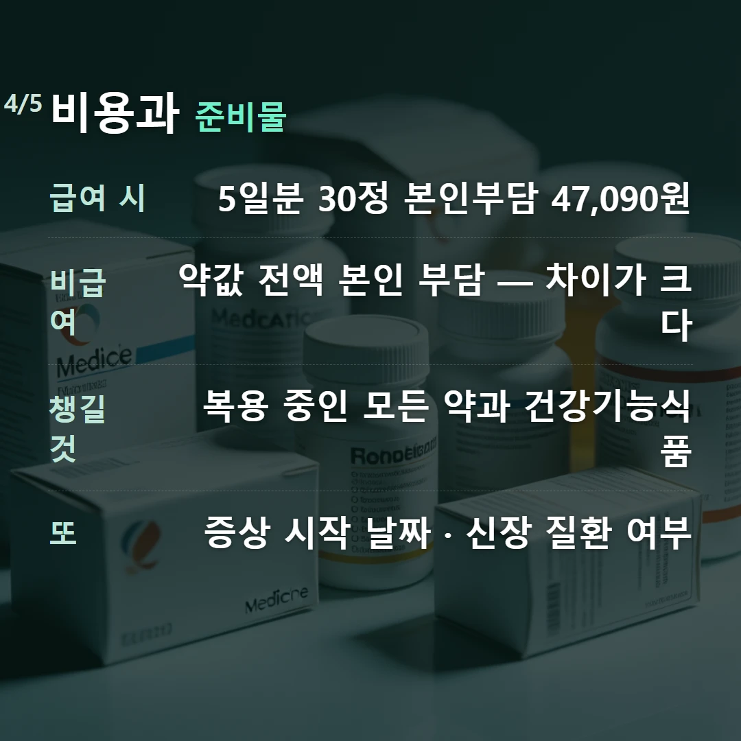 비용과 준비물 — 급여 시 5일분 30정 본인부담 47,090원, 비급여 약값 전액 본인 부담 — 차이가 크다, 챙길 것 복용 중인 모든 약과 건강기능식품, 또 증상 시작 날짜 · 신장 질환 여부