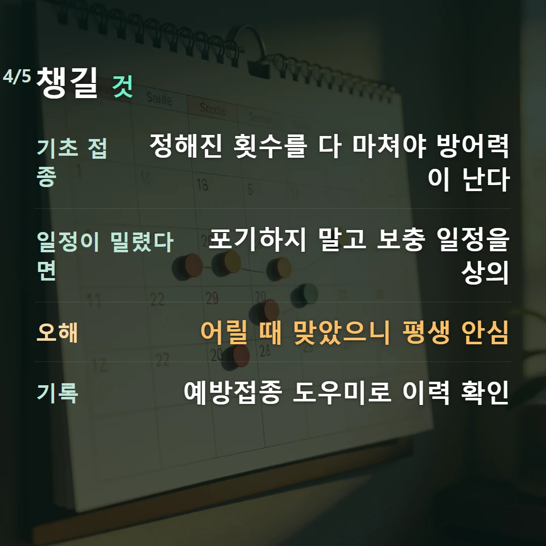 챙길 것 — 기초 접종 정해진 횟수를 다 마쳐야 방어력이 난다, 일정이 밀렸다면 포기하지 말고 보충 일정을 상의, 오해 어릴 때 맞았으니 평생 안심, 기록 예방접종 도우미로 이력 확인