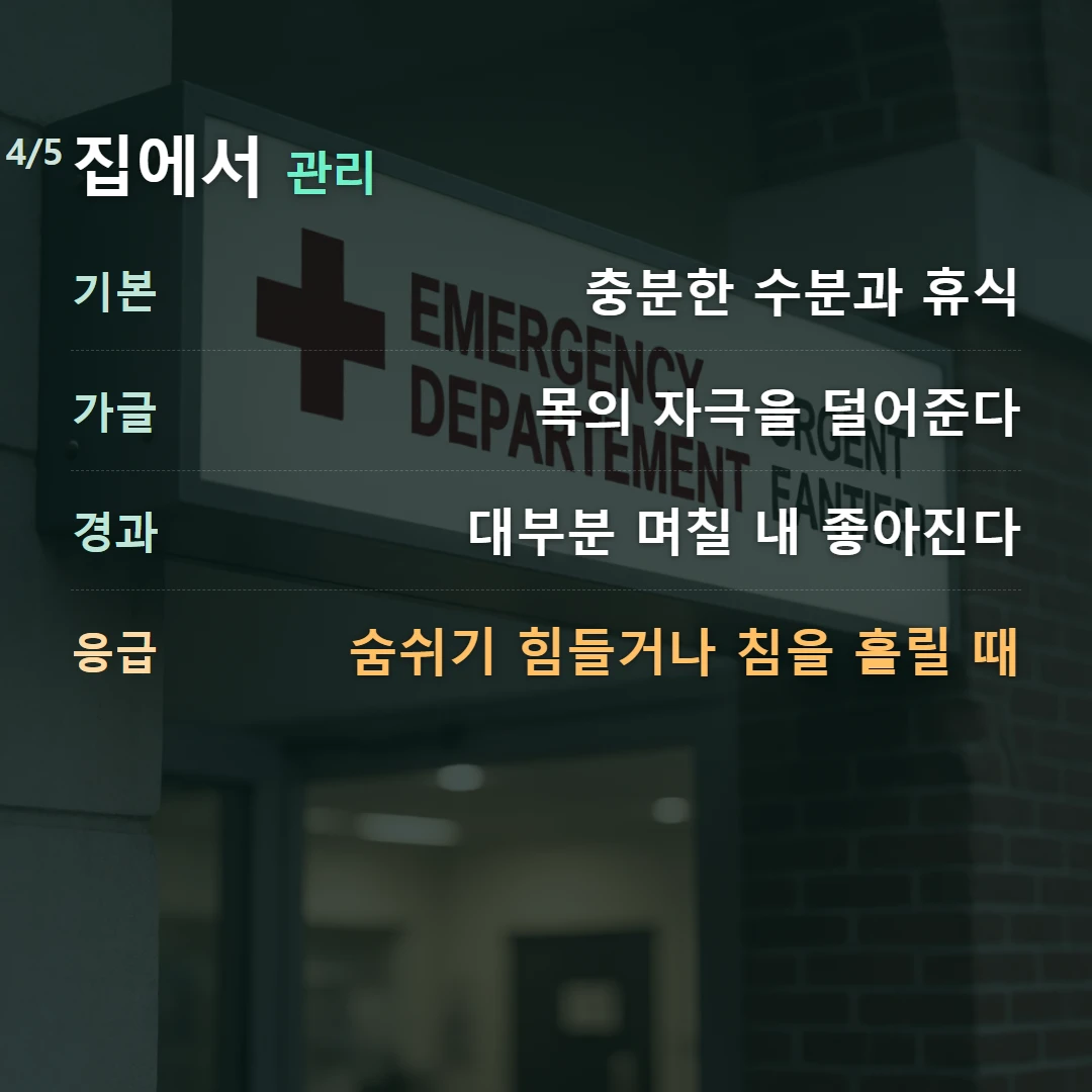 집에서 관리 — 기본 충분한 수분과 휴식, 가글 목의 자극을 덜어준다, 경과 대부분 며칠 내 좋아진다, 응급 숨쉬기 힘들거나 침을 흘릴 때