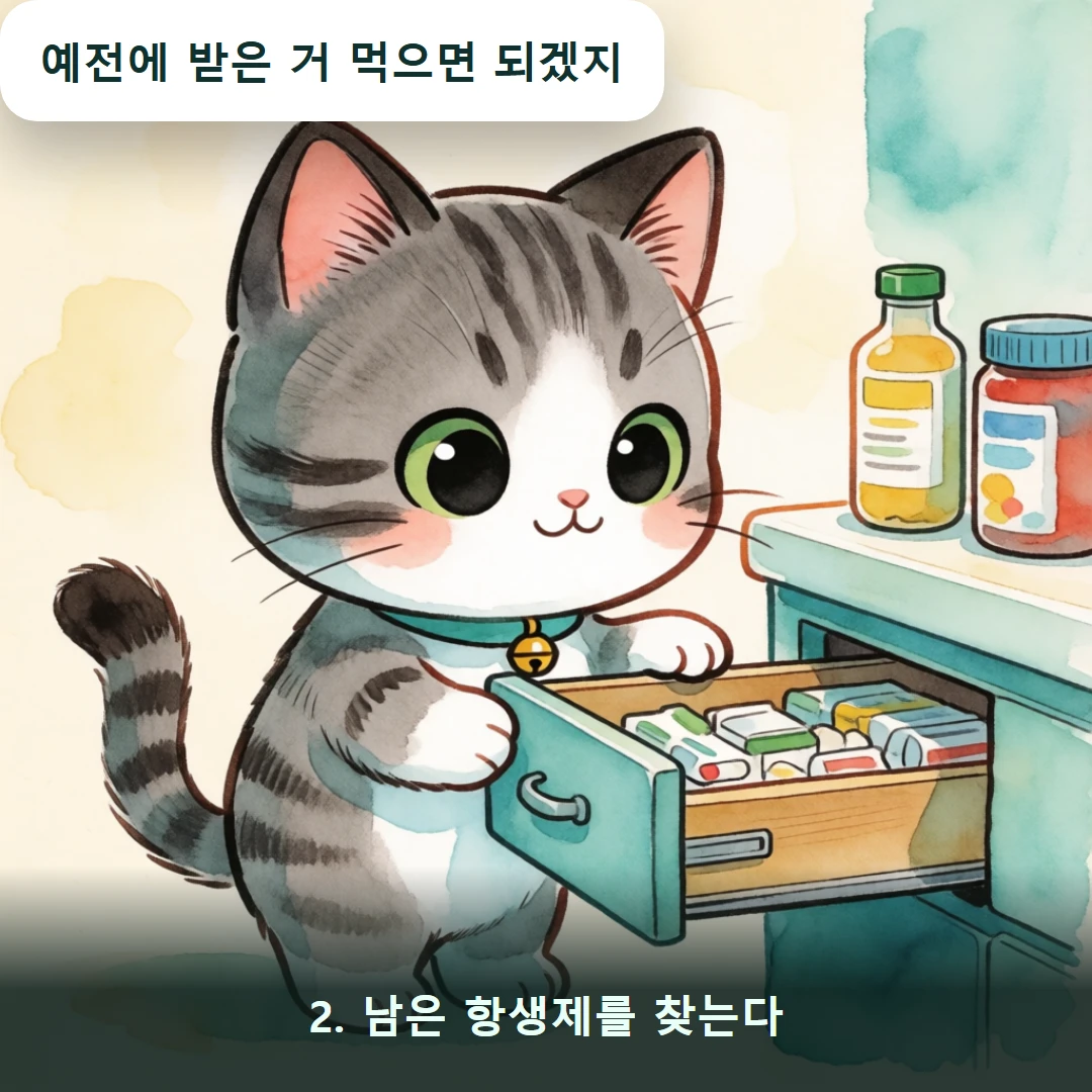 웹툰 2컷 — 2. 남은 항생제를 찾는다 (예전에 받은 거 먹으면 되겠지)