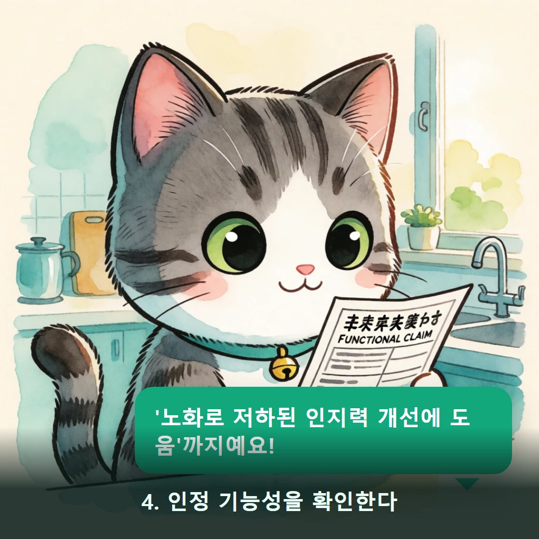 웹툰 4컷 — 4. 인정 기능성을 확인한다 ('노화로 저하된 인지력 개선에 도움'까지예요!)