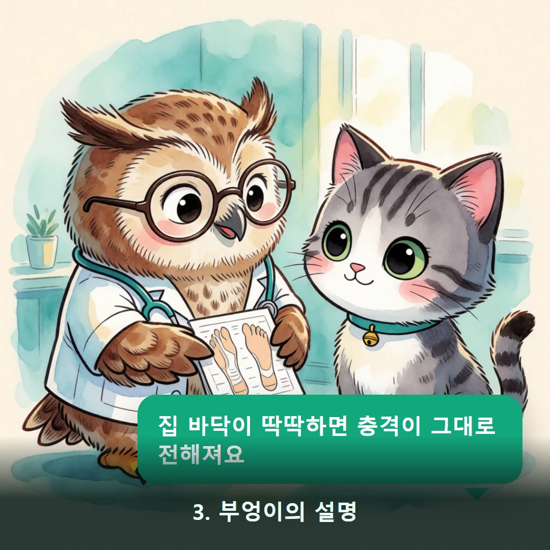 웹툰 3컷 — 3. 부엉이의 설명 (집 바닥이 딱딱하면 충격이 그대로 전해져요)