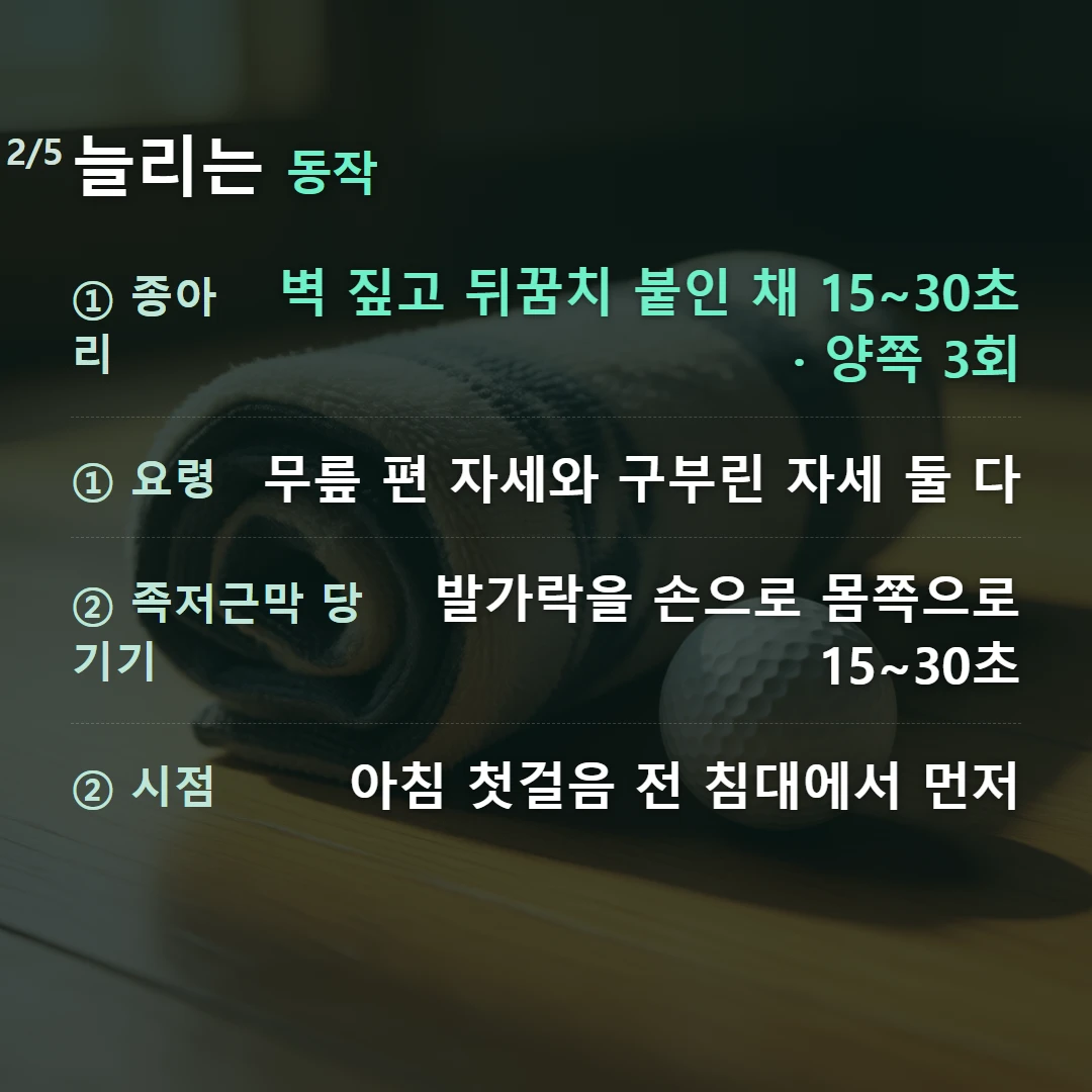 늘리는 동작 — ① 종아리 벽 짚고 뒤꿈치 붙인 채 15~30초 · 양쪽 3회, ① 요령 무릎 편 자세와 구부린 자세 둘 다, ② 족저근막 당기기 발가락을 손으로 몸쪽으로 15~30초, ② 시점 아침 첫걸음 전 침대에서 먼저