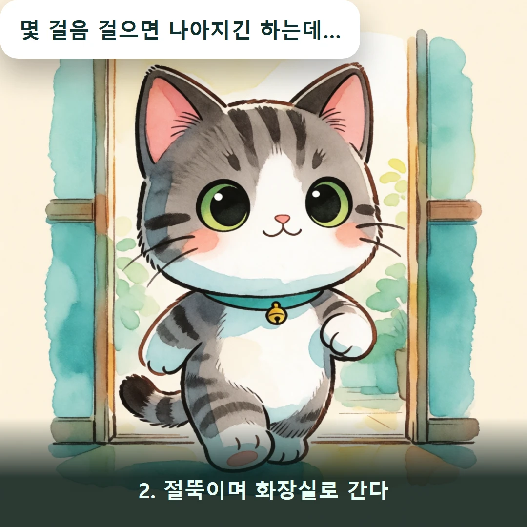 웹툰 2컷 — 2. 절뚝이며 화장실로 간다 (몇 걸음 걸으면 나아지긴 하는데…)