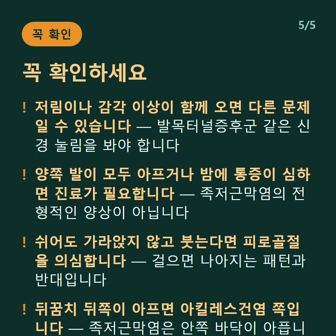 꼭 확인하세요 — 저림이나 감각 이상이 함께 오면 다른 문제일 수 있습니다 — 발목터널증후군 같은 신경 눌림을 봐야 합니다 / 양쪽 발이 모두 아프거나 밤에 통증이 심하면 진료가 필요합니다 — 족저근막염의 전형적인 양상이 아닙니다 / 쉬어도 가라앉지 않고 붓는다면 피로골절을 의심합니다 — 걸으면 나아지는 패턴과 반대입니다 / 뒤꿈치 뒤쪽이 아프면 아킬레스건염 쪽입니다 — 족저근막염은 안쪽 바닥이 아픕니다