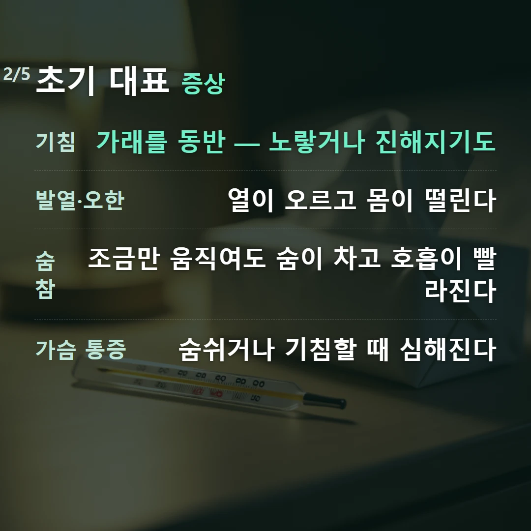 초기 대표 증상 — 기침 가래를 동반 — 노랗거나 진해지기도, 발열·오한 열이 오르고 몸이 떨린다, 숨참 조금만 움직여도 숨이 차고 호흡이 빨라진다, 가슴 통증 숨쉬거나 기침할 때 심해진다