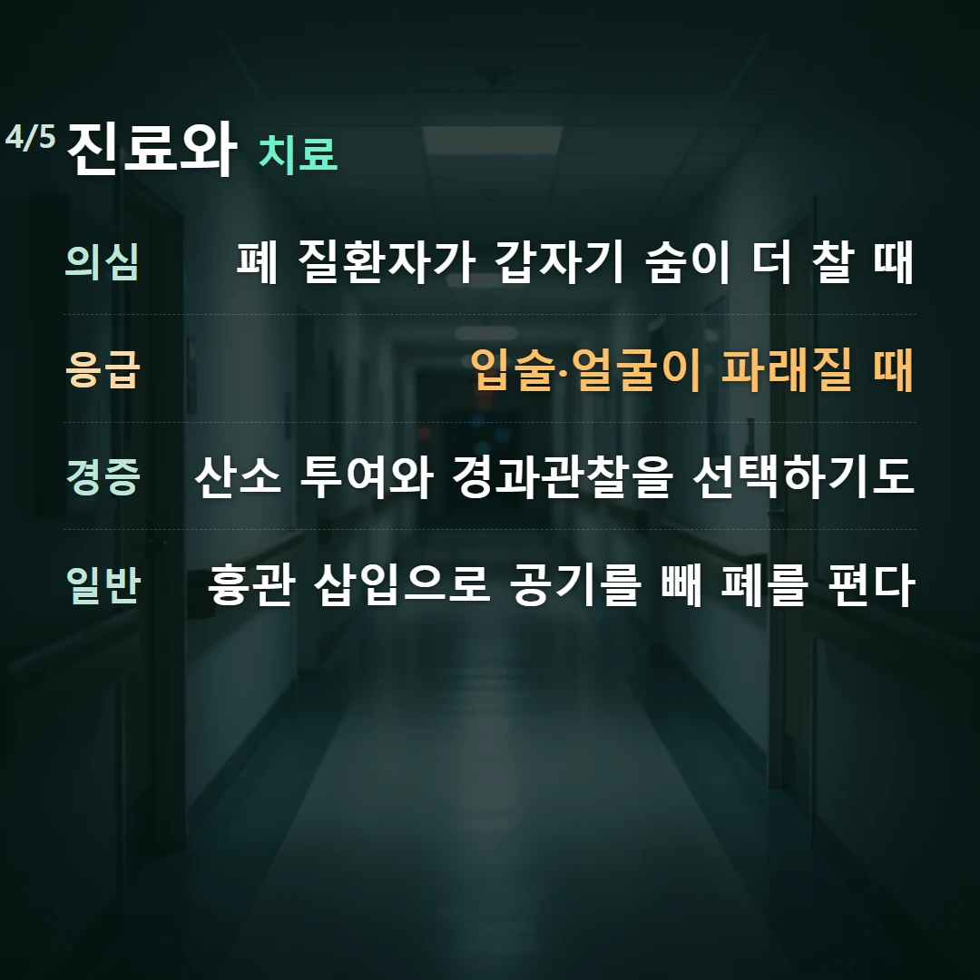 진료와 치료 — 의심 폐 질환자가 갑자기 숨이 더 찰 때, 응급 입술·얼굴이 파래질 때, 경증 산소 투여와 경과관찰을 선택하기도, 일반 흉관 삽입으로 공기를 빼 폐를 편다
