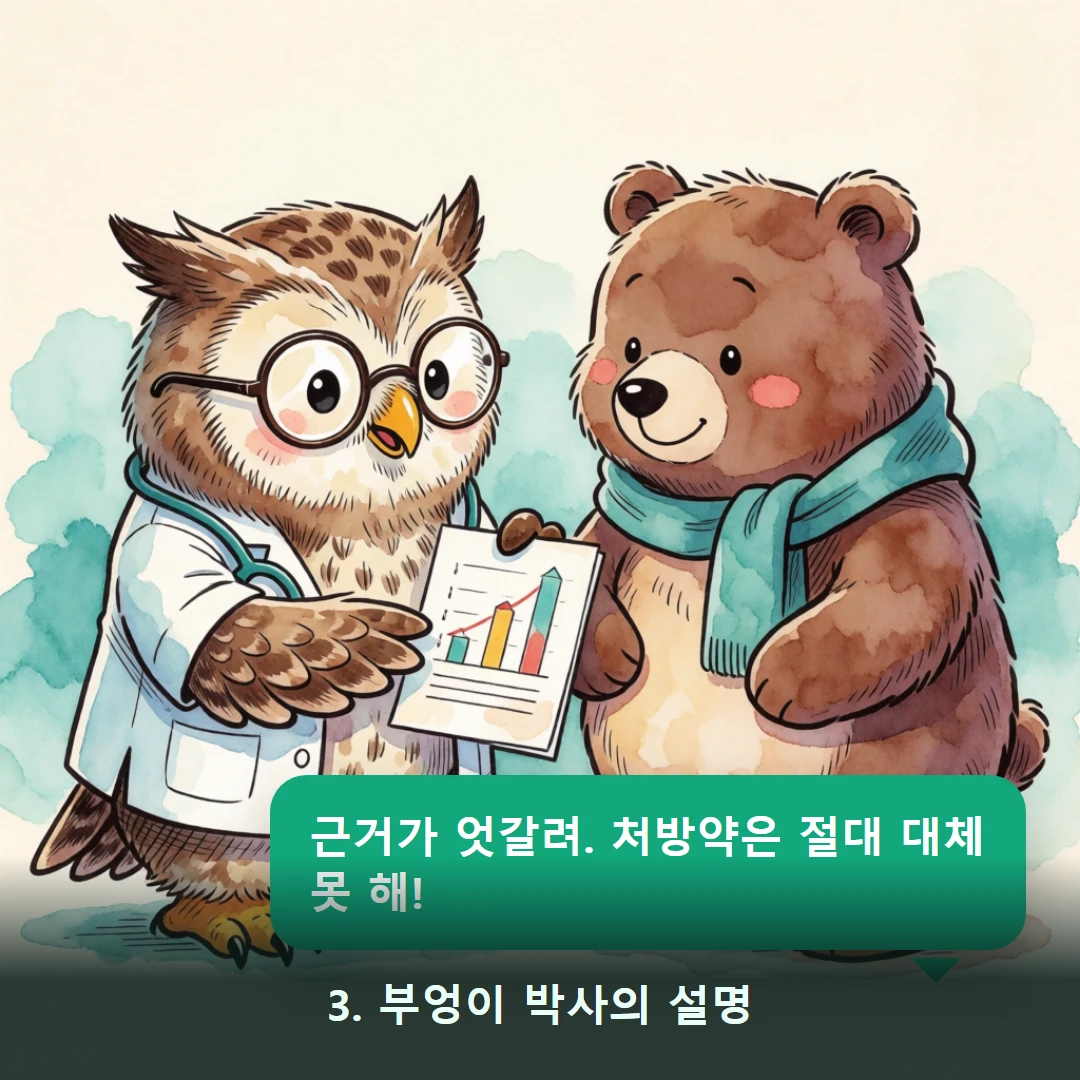 웹툰 3컷 — 3. 부엉이 박사의 설명 (근거가 엇갈려. 처방약은 절대 대체 못 해!)