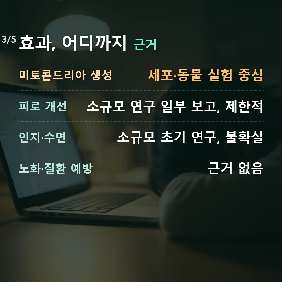 효과, 어디까지 근거 — 미토콘드리아 생성 세포·동물 실험 중심, 피로 개선 소규모 연구 일부 보고, 제한적, 인지·수면 소규모 초기 연구, 불확실, 노화·질환 예방 근거 없음