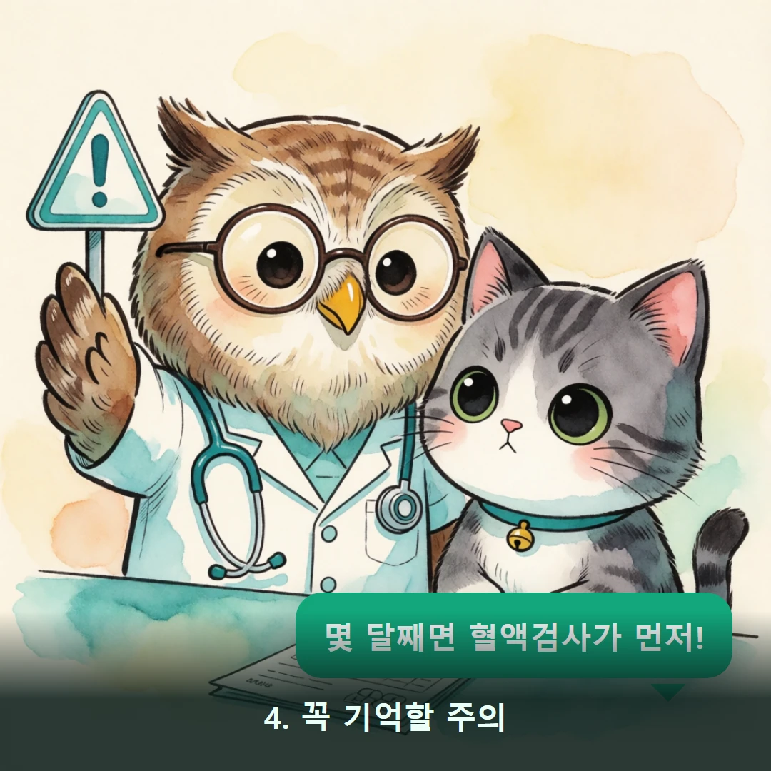 웹툰 4컷 — 4. 꼭 기억할 주의 (몇 달째면 혈액검사가 먼저!)
