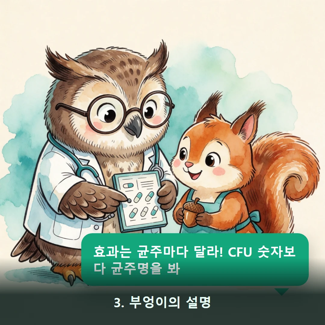 웹툰 3컷 — 3. 부엉이의 설명 (효과는 균주마다 달라! CFU 숫자보다 균주명을 봐)