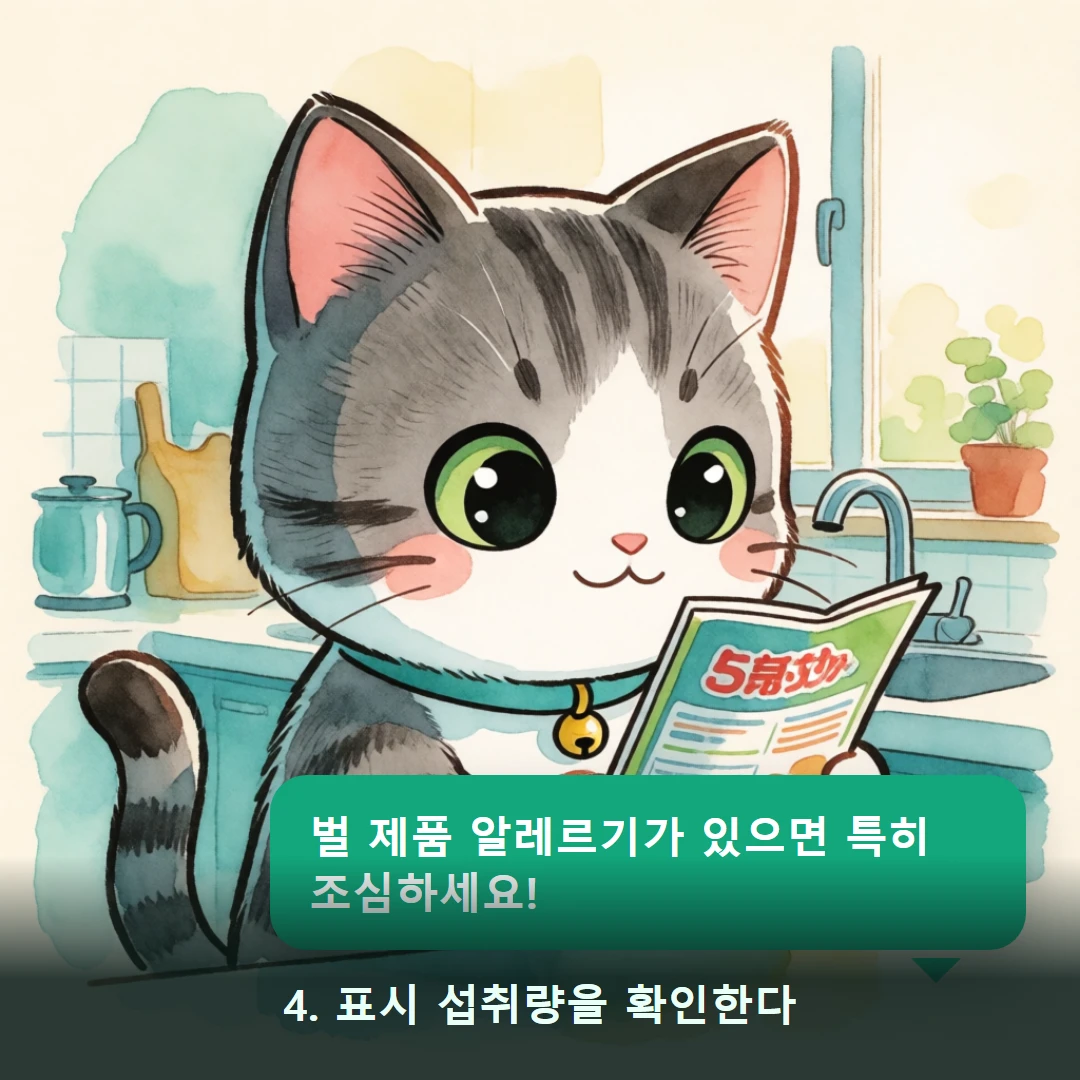 웹툰 4컷 — 4. 표시 섭취량을 확인한다 (벌 제품 알레르기가 있으면 특히 조심하세요!)