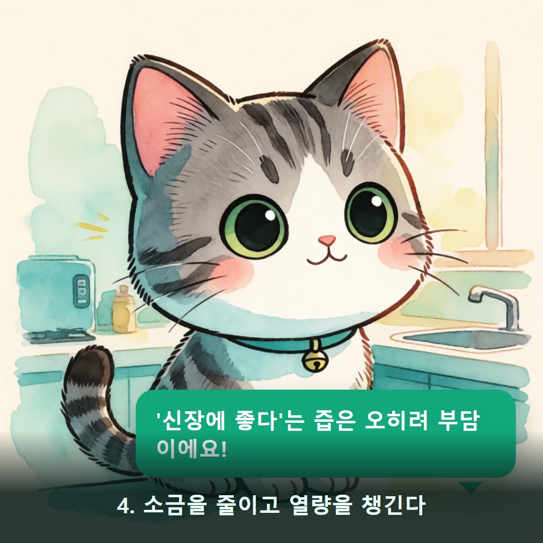 웹툰 4컷 — 4. 소금을 줄이고 열량을 챙긴다 ('신장에 좋다'는 즙은 오히려 부담이에요!)