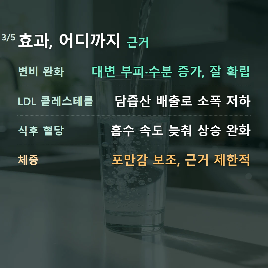 효과, 어디까지 근거 — 변비 완화 대변 부피·수분 증가, 잘 확립, LDL 콜레스테롤 담즙산 배출로 소폭 저하, 식후 혈당 흡수 속도 늦춰 상승 완화, 체중 포만감 보조, 근거 제한적