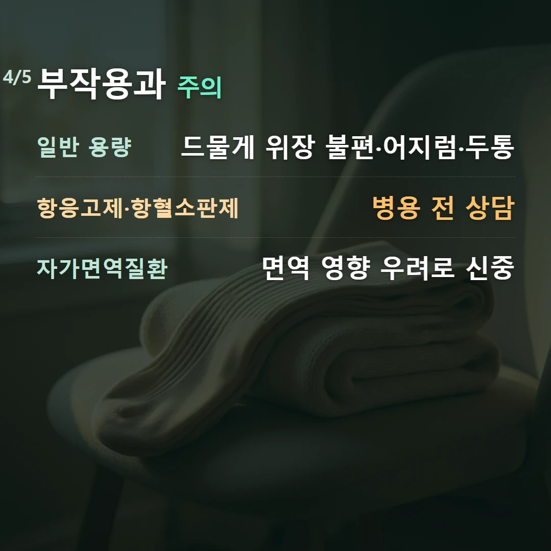 부작용과 주의 — 일반 용량 드물게 위장 불편·어지럼·두통, 항응고제·항혈소판제 병용 전 상담, 자가면역질환 면역 영향 우려로 신중
