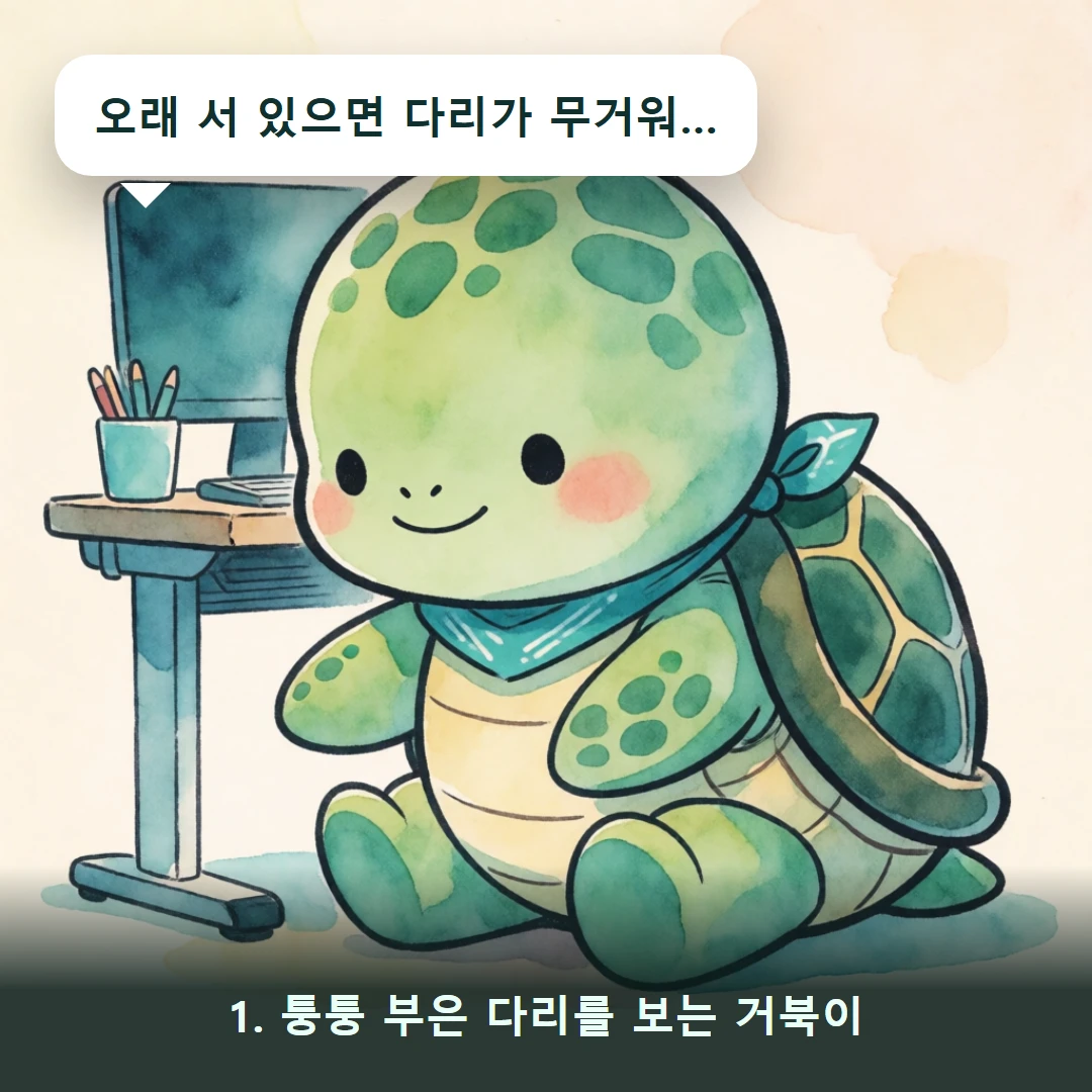 웹툰 1컷 — 1. 퉁퉁 부은 다리를 보는 거북이 (오래 서 있으면 다리가 무거워…)