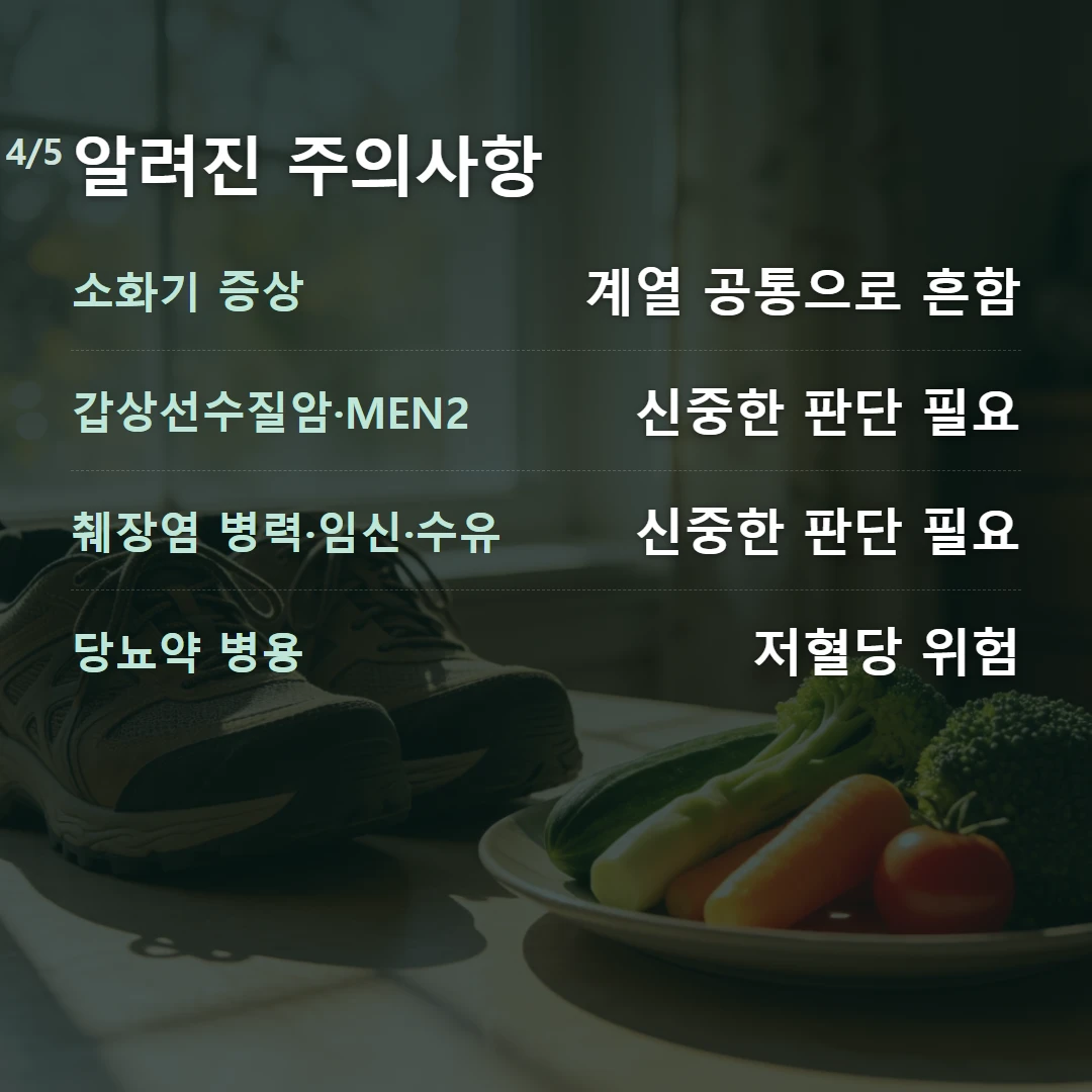알려진 주의사항 — 소화기 증상 계열 공통으로 흔함, 갑상선수질암·MEN2 신중한 판단 필요, 췌장염 병력·임신·수유 신중한 판단 필요, 당뇨약 병용 저혈당 위험