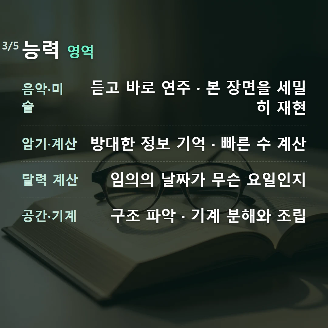 능력 영역 — 음악·미술 듣고 바로 연주 · 본 장면을 세밀히 재현, 암기·계산 방대한 정보 기억 · 빠른 수 계산, 달력 계산 임의의 날짜가 무슨 요일인지, 공간·기계 구조 파악 · 기계 분해와 조립