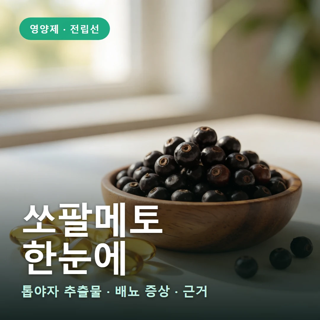 쏘팔메토 요약 표지 — 톱야자 추출물 · 배뇨 증상 · 근거